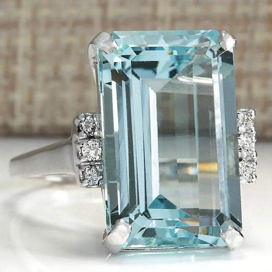Hyperbole Women Ring Cocktail Party Ring With Huge Sky Blue Cubic Zircon Prong Setting Valentine's Gift For Wife