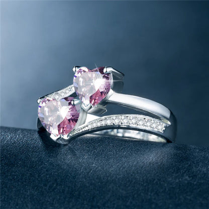 Stylish Female Rings Silver-plated Double Heart-Shaped Cubic Zircons Wedding Ring For Women Girls Nice Gift For Birthday