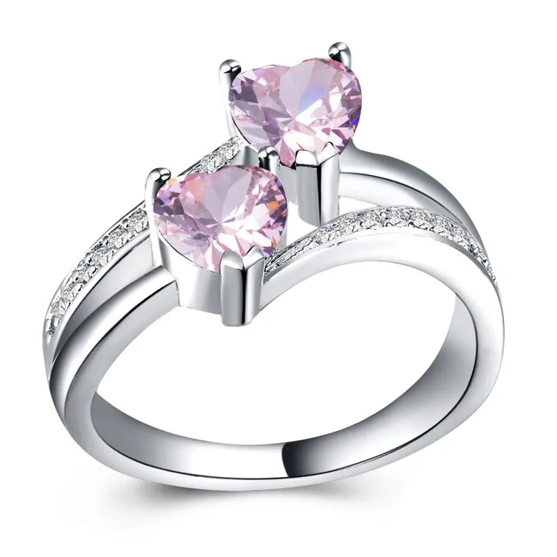 Stylish Female Rings Silver-plated Double Heart-Shaped Cubic Zircons Wedding Ring For Women Girls Nice Gift For Birthday