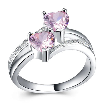 Stylish Female Rings Silver-plated Double Heart-Shaped Cubic Zircons Wedding Ring For Women Girls Nice Gift For Birthday
