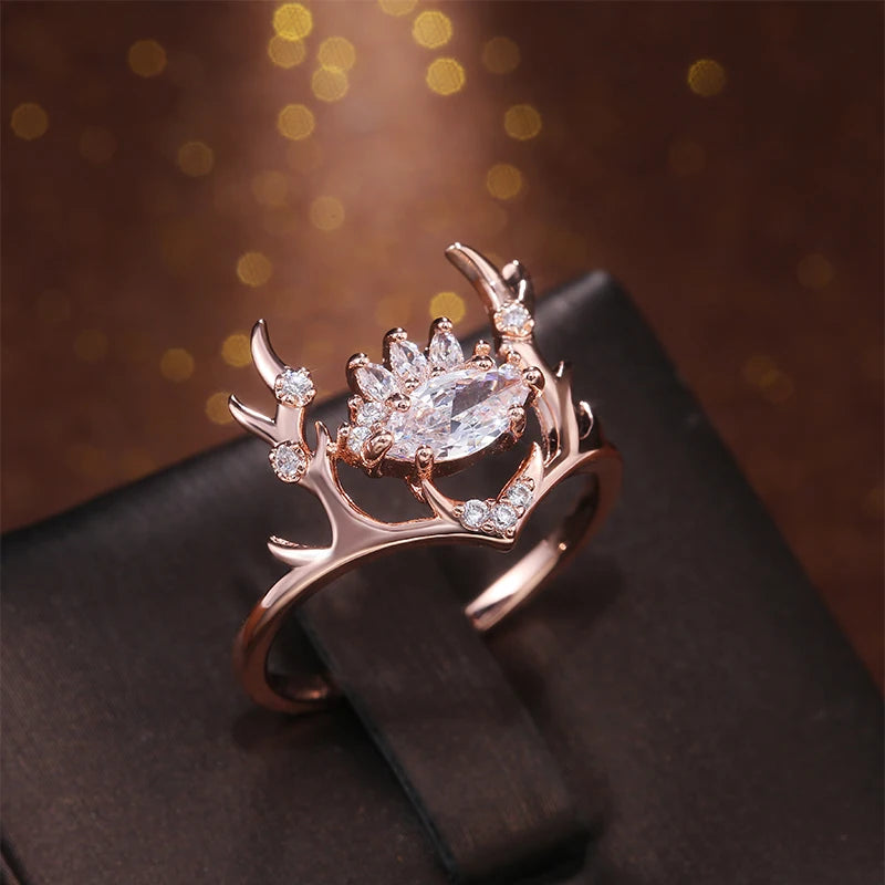 Rose Gold Color Elk Shape Women Rings Fashion Newly-designed Jewelry Anniversary Christmas Present New Year Gift for Girl