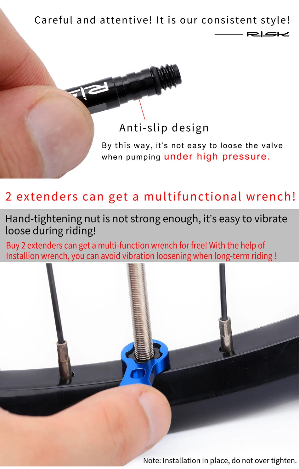 RISK Bicycle Presta Valve Extender Pole with 3in1 Wrench Tool 45mm/80mm Road Bike Rim Valve Extension Rod for Tube Tire Tubeless