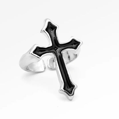 1PC Vintage Black Big Cross Open Ring For Women Party Jewelry Men Trendy Gothic Metal Color Finger Ring Anillo