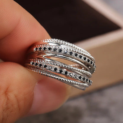 Silver Color Multiple Row Rings Shiny CZ Metallic OL Style Office Lady Versatile Finger Rings for Women Fashion Jewelry