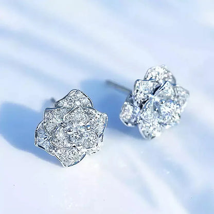 Shiny Cubic Zircon Flower Stud Earring for Women Silver Color Delicate Anniversary Gift Lady Stylish Accessories Ear Ring