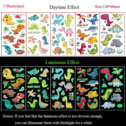 5 Sheets Luminous Tattoo Stickers Temporary Colorful Animal Dinosaur Tattoo Cute Tattoo Stickers Children's Body Tatto