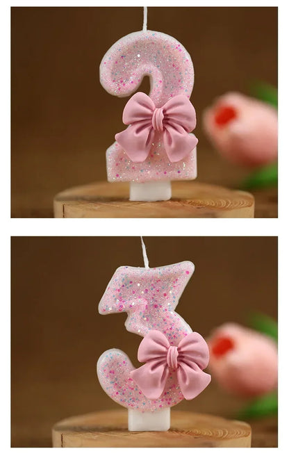 Cute Pink Bow 3D Number Cake Candles for Birthday Party Decorations Birthday Decoration  Cake Decorating Tools