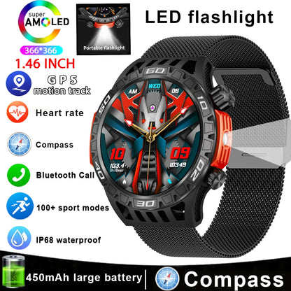Outdoor Military Smart Watch Men's With LED lighting Bluetooth Call Smartwatch 3ATM IP68 Waterproof Compass Sports Fitness Watch