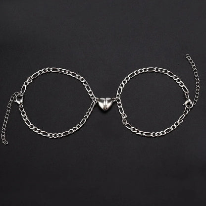 2Pcs/set Magnet Couple Bracelets Heart Attraction Bracelet Sliver Love Charm Simple Cuban Chains Key Lock Jewelry Gifts