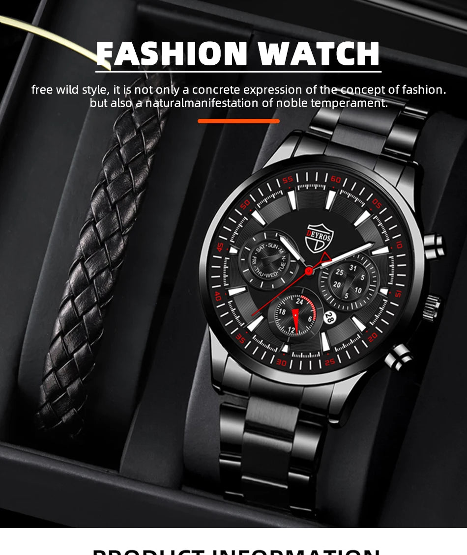 Fashion Men's Watches Business Stainless Steel Quartz Wrist Watch Male Casual Date Luminous Leather Bracelet Clock