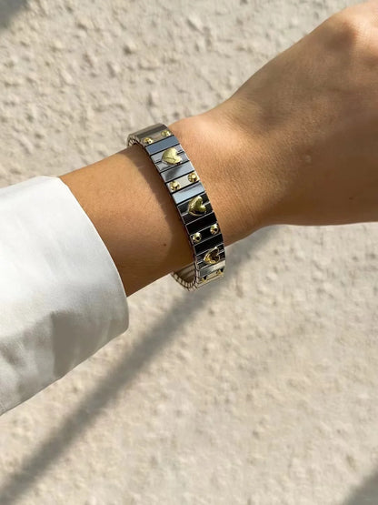 Titanium Steel Elastic Bracelet for Women.Heart Shape.1Pcs.Gold Plated Punk Jewelry.Hip Hop. New Design