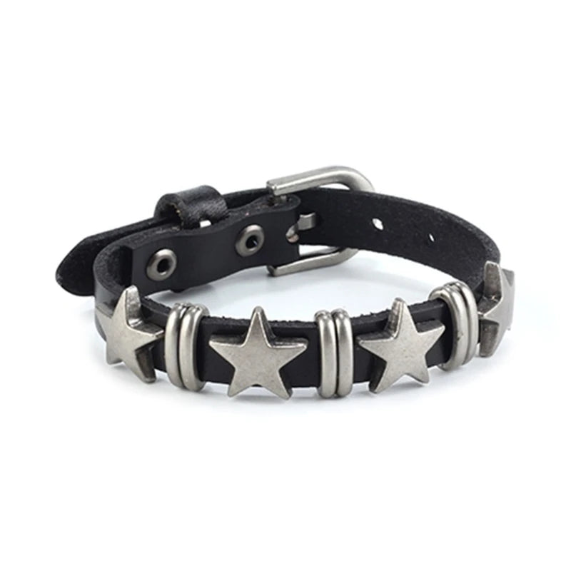 E0BF Goth Vintage Star Leather Alloy Bracelets For Women Men Gothic Retro Couple Bracelet Rock Party Jewelry Accessory-Decor