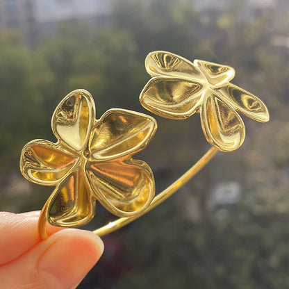 Big Stainless Steel Double Flower Cuff Bracelet Bangle for Women Gold Color Metal Floral Bracelets Waterproof Party Jewelry
