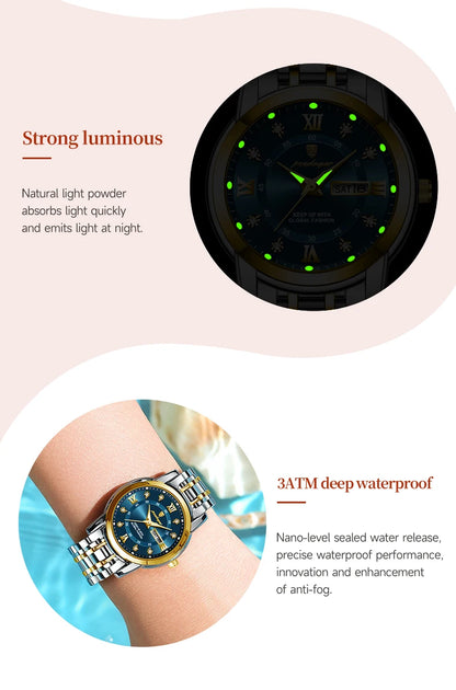 POEDAGAR Luxury Women Wristwatch Waterproof Luminous Date Week Women's Watches Stainless Steel Elegant Dress Quartz Ladies Watch