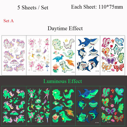 5 Sheets Luminous Tattoo Stickers Temporary Colorful Animal Dinosaur Tattoo Cute Tattoo Stickers Children's Body Tatto