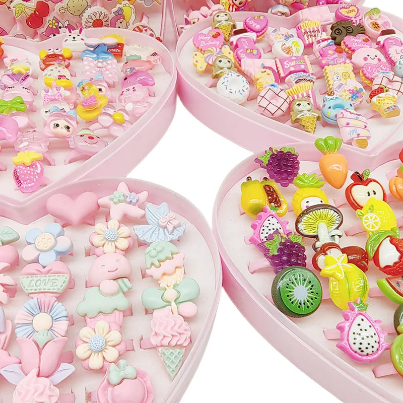 30pcs/Lot Wholesale Child Open Design Resin Candy Flower Finger Rings Plastic Pink Kid Ring Children Party Gifts Birthday Girls