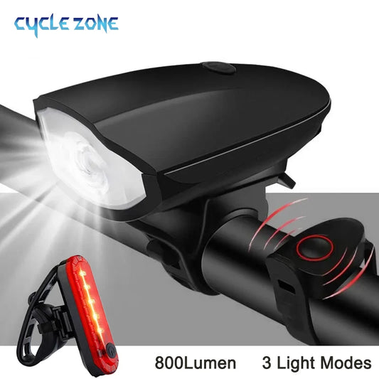 Bicycle Light with Horn USB Rechargeable LED Waterproof MTB Bike Dark Night Outdoor Riding Headlight and Rear Bike Light Set