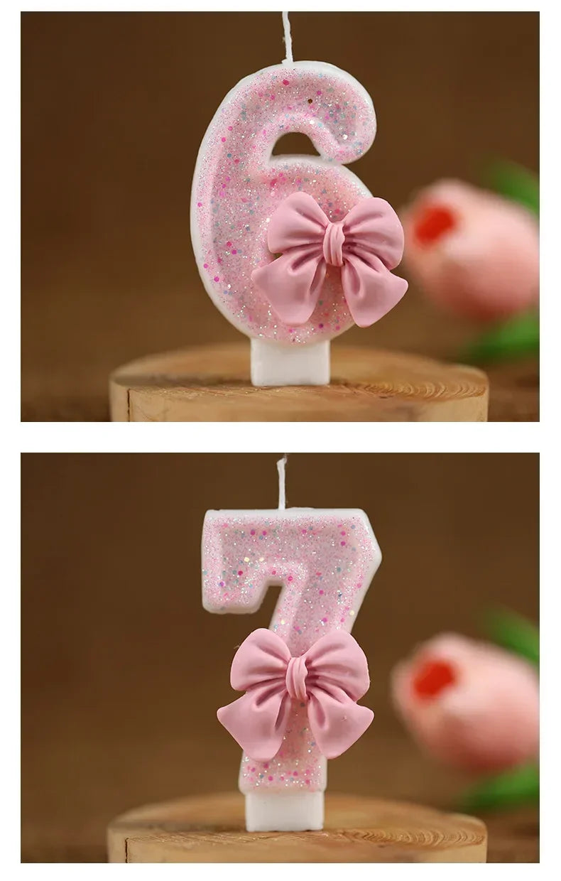 Cute Pink Bow 3D Number Cake Candles for Birthday Party Decorations Birthday Decoration  Cake Decorating Tools