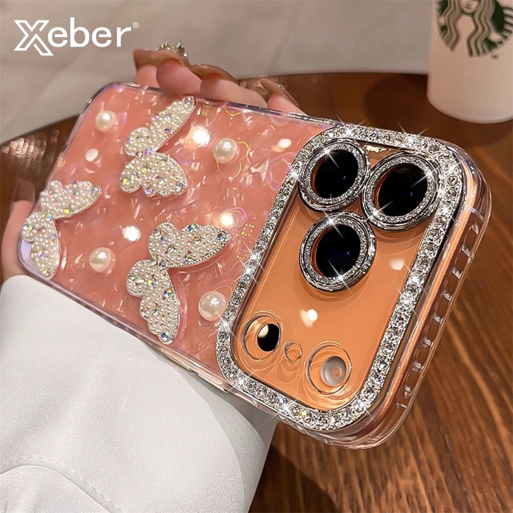 Luxury Diamond Butterfly Clear Phone Case For iPhone 17 Air 16 15 14 13 12 Pro Max Transparent Plating Soft Silicone Back Cover
