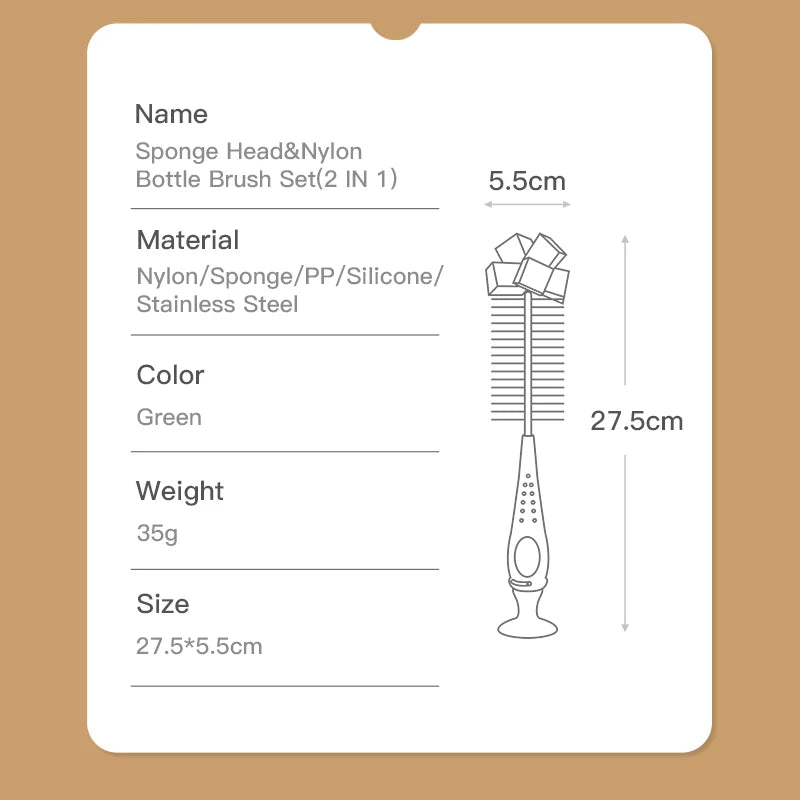 SAIDAH Simple Nylon Sponge Suction Feeding Bottle Nipple Pacifier Brush Set Water Sippy Vacuum Cup Cleaning（2 in 1）