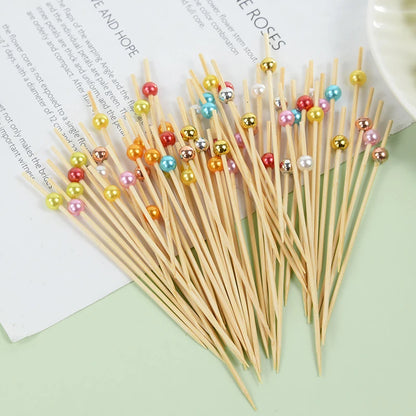 100pcs Wedding Party Pearl Disposable Skewers Food Fruit Picks Bamboo Cocktail Buffet Cake Toothpick Wedding Birthday Supplies