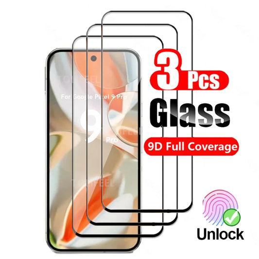 3Pcs Full Coverage Tempered Glass for Google Pixel 9 Pro XL Screen Protector Fingerprints ID Unlock Hard Glass Film Black Edge