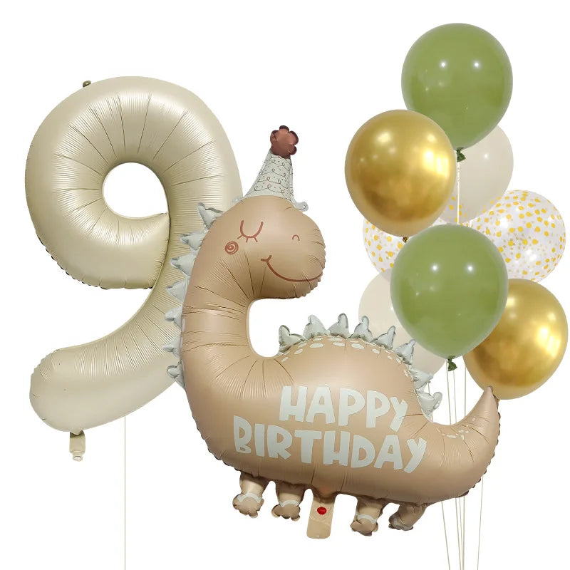 Retro Matte Caramel Colored Dinosaur Aluminum Film Number Balloon Set Happy Birthday Party Decoration Kids Background Photo Prop