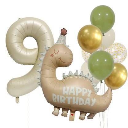 Retro Matte Caramel Colored Dinosaur Aluminum Film Number Balloon Set Happy Birthday Party Decoration Kids Background Photo Prop