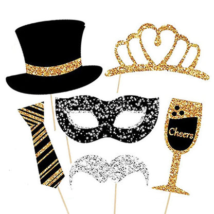 30pcs Black Golden Party Photo Booth Props for Birthday Weddings Graduation Prom New Year Party Supplies Hats Lipstick Tie Crown