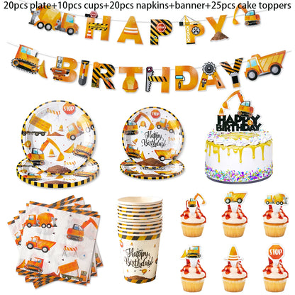 Construction Birthday Party Supplies Tractor Excavator Paper Plate Cup Birthday Banner Truck Latex Balloons For Child's Birthday