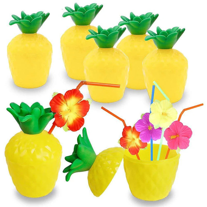 6/10pcs Hawaiian Summer Pineapple Coconut Drinking Cups Strawberry Shaped Juice Drink Cups for Birthday Wedding Beach Pool Party