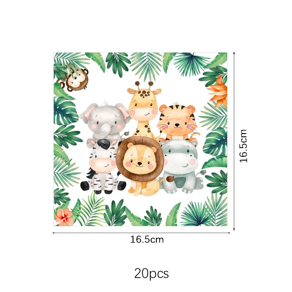Jungle Birthday Disposable Tableware Wild One Paper Plates Cups Napkins Tablecloth Safari Jungle Animals Theme Party Decorations