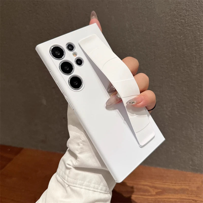 Luxury Ultra-Thin Matte Elastic Silicone Wrist Strap Shockproof Case For Samsung S25 Edge S24 S23 Ultra Plus PC Hard Clear Cover