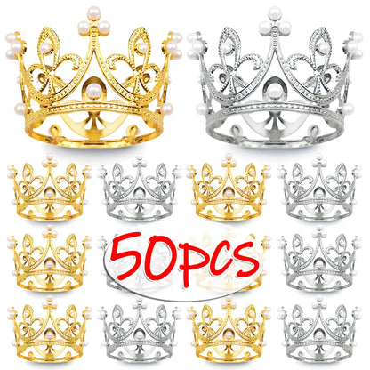 Mini Pearl Crown Cake Decoration Cupcake Topper Kids Hair Ornaments DIY Cake Baking Decoration For Wedding Birthday Party Decor