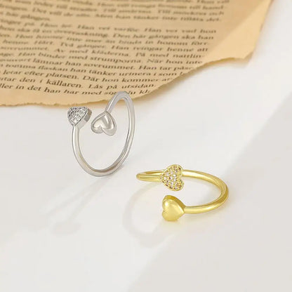 New Smooth Double Heart Shiny Zircon Love Ring Adjustable Finger Ring, Suitable For Women's Daily Wear Jewelry Gifts