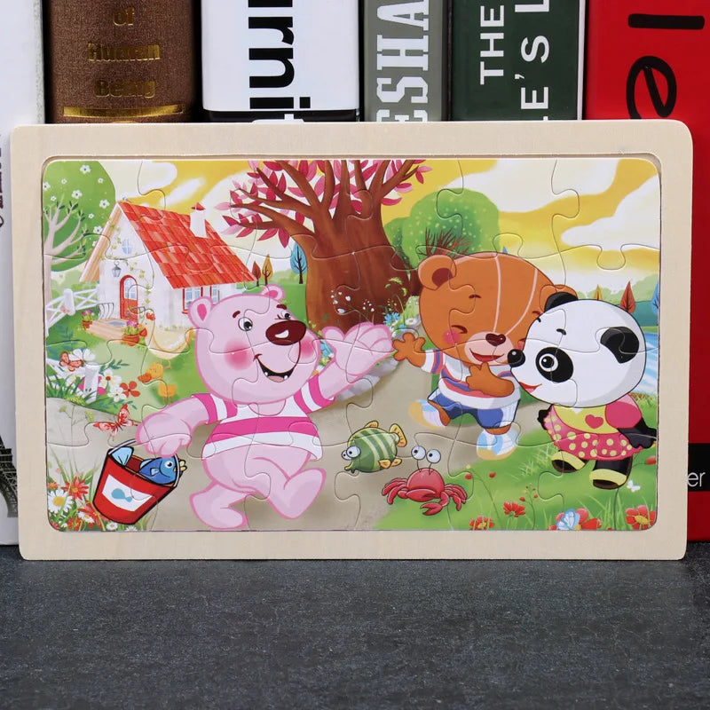 24 Pieces Wooden Puzzles Kids Cartoon Animal Wood Jigsaw Early Educational Learning Toys for Children GIFT