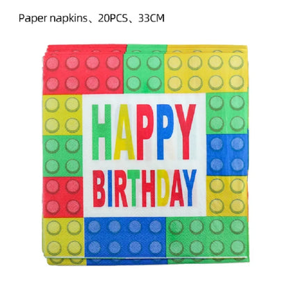 Building Blocks Theme Party Decor Supplies Disposable Tableware Cup Cake Topper Balloon Backdrop For Birthday Party Decoration