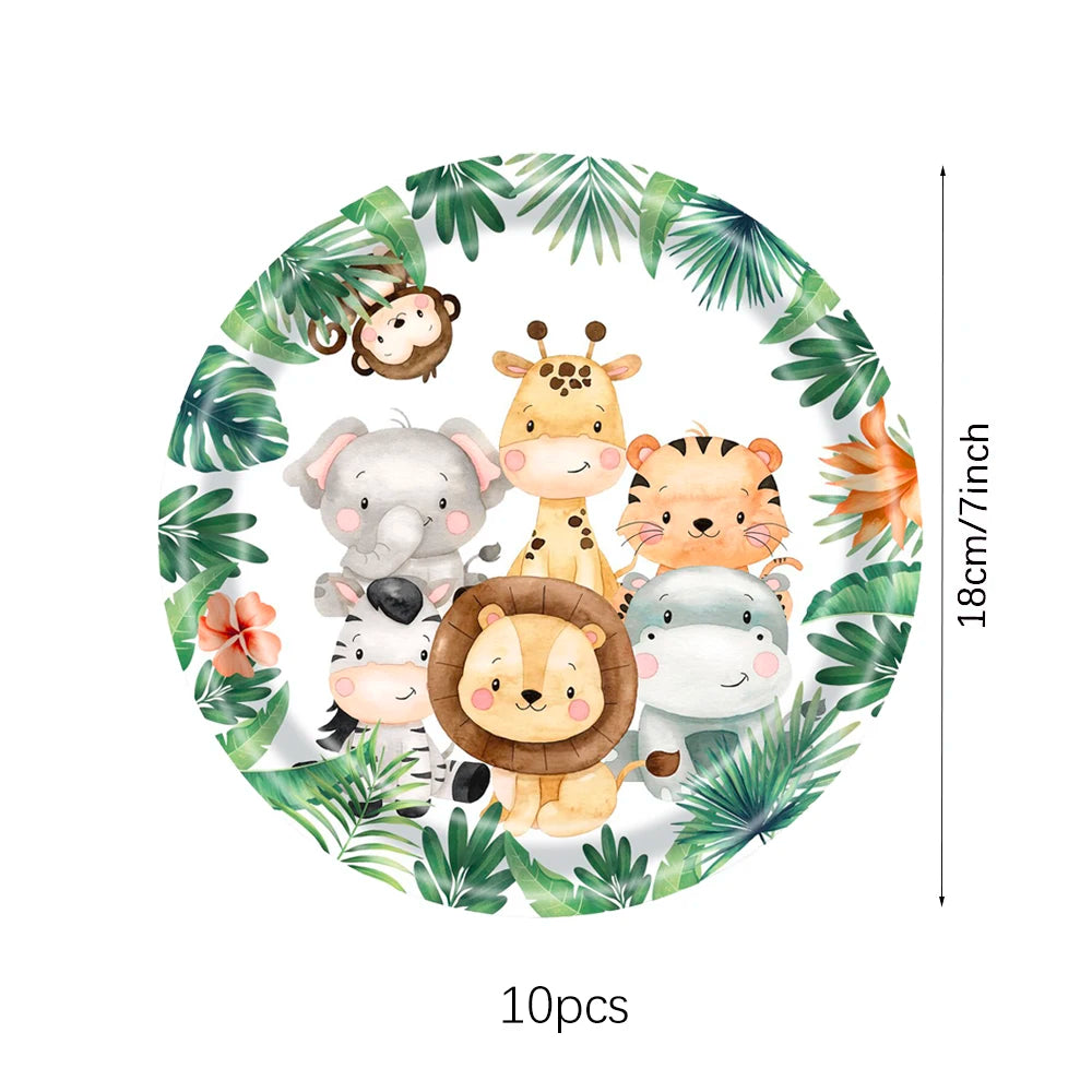 Jungle Birthday Disposable Tableware Wild One Paper Plates Cups Napkins Tablecloth Safari Jungle Animals Theme Party Decorations