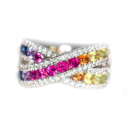 Rainbow CZ Cross Rings for Women Full Bling Iced Out Wedding Party Female Rings Silver Color Statement Jewelry Drop Ship