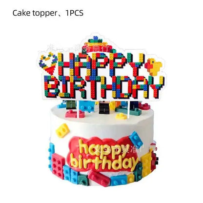 Building Blocks Theme Party Decor Supplies Disposable Tableware Cup Cake Topper Balloon Backdrop For Birthday Party Decoration