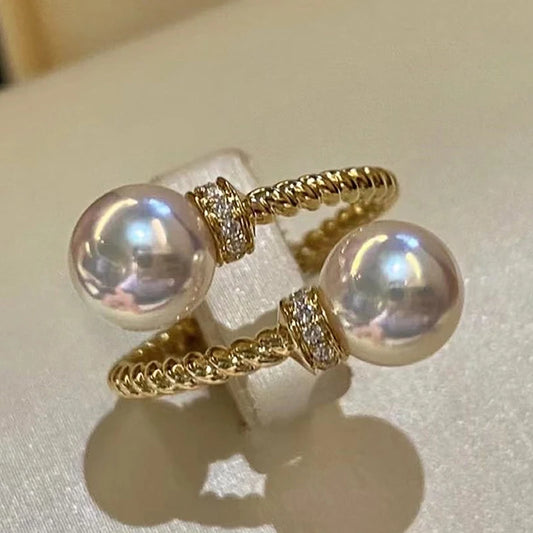 Temperament Double Imitation Pearl Open Ring Twist Gold Color Band New Fashion Women's Accessories Wedding Jewelry 2023