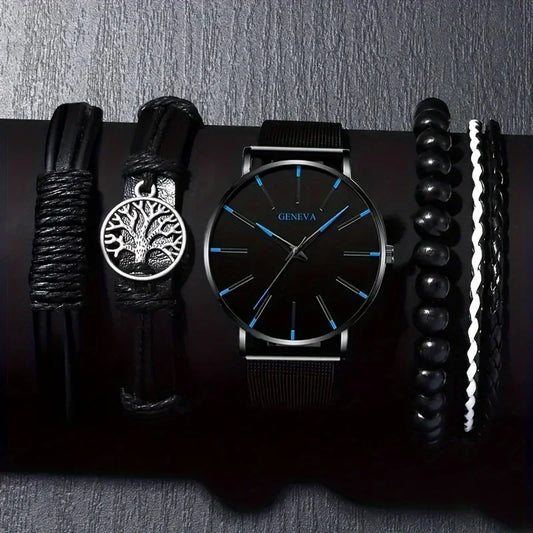 5pcs/set, Mens Stainless Steel Quartz Watch and Bracelet Set - Durable Precise, and Comfortable Accessory forBusiness and Sports