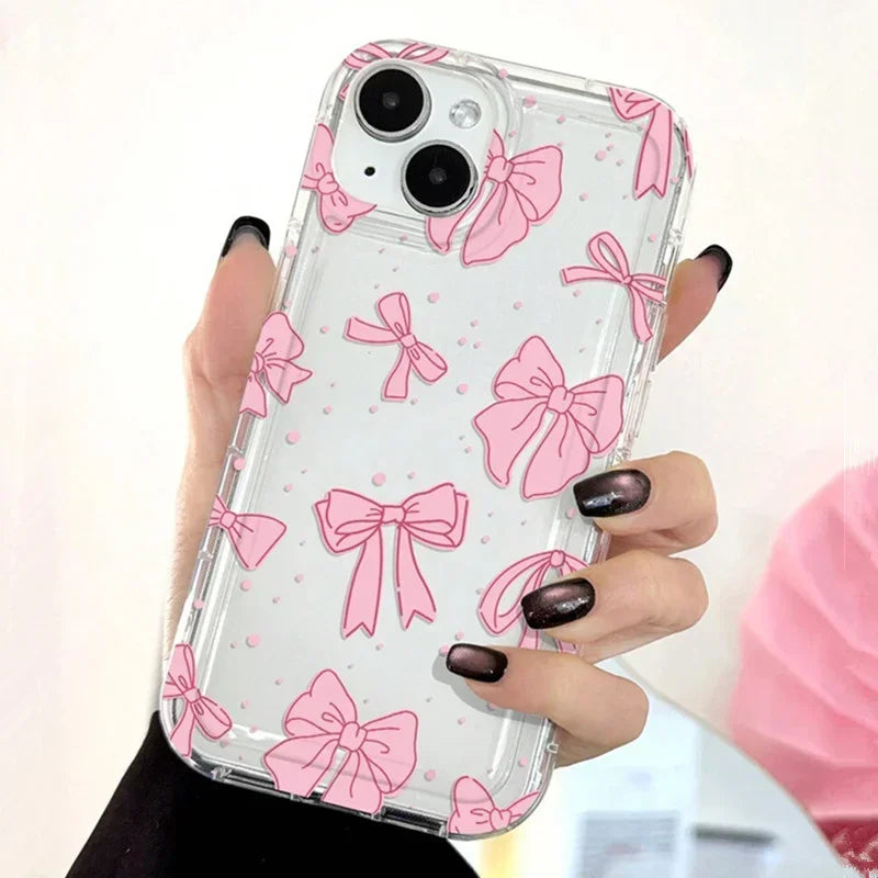 Case For iPhone 16 15 14 13 12 11 Pro Max Coquette Black Bowknot Print Clear Phone Cover For iPhone XR XS X 7 8 Plus SE2 Cases