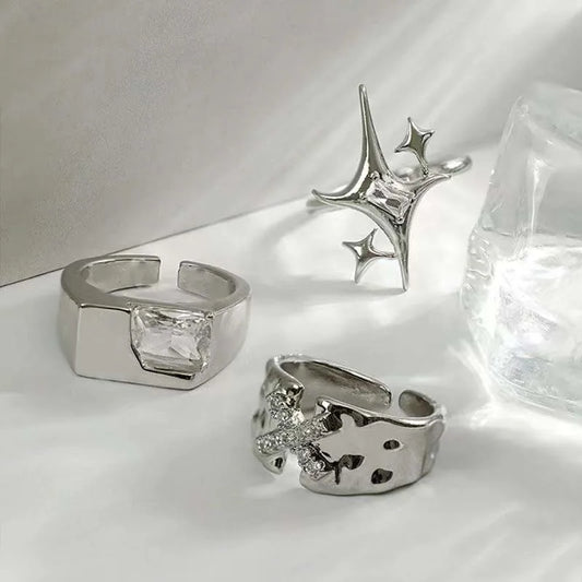 Vintage Irregular Cross Star Couple Ring for Women Men Punk Gothic Sliver Color Adjustable Rings Y2K Egirl Jewelry Gift
