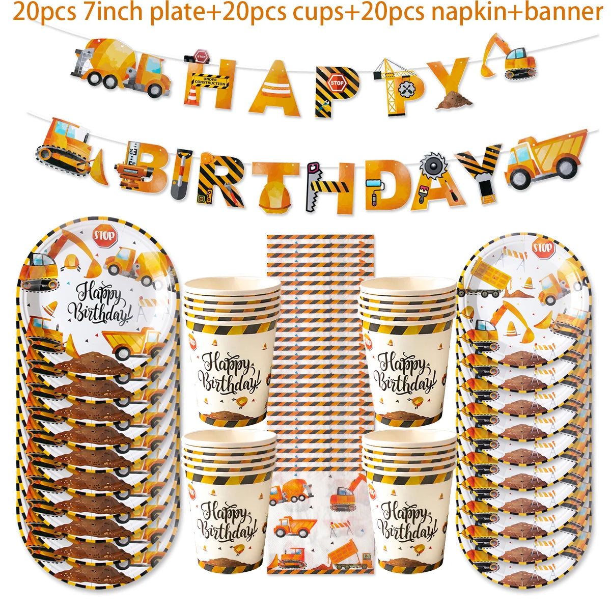 Construction Birthday Party Supplies Tractor Excavator Paper Plate Cup Birthday Banner Truck Latex Balloons For Child's Birthday