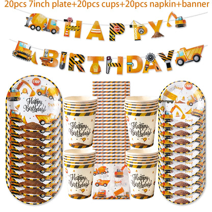 Construction Birthday Party Supplies Tractor Excavator Paper Plate Cup Birthday Banner Truck Latex Balloons For Child's Birthday