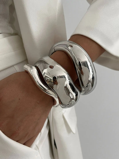 DIEZI Vintage Wide Cuff Bangles Hip Hop Punk Gold Silver Color Geometric Metal Spring Bangles For Women Bracelets Men Jewelry