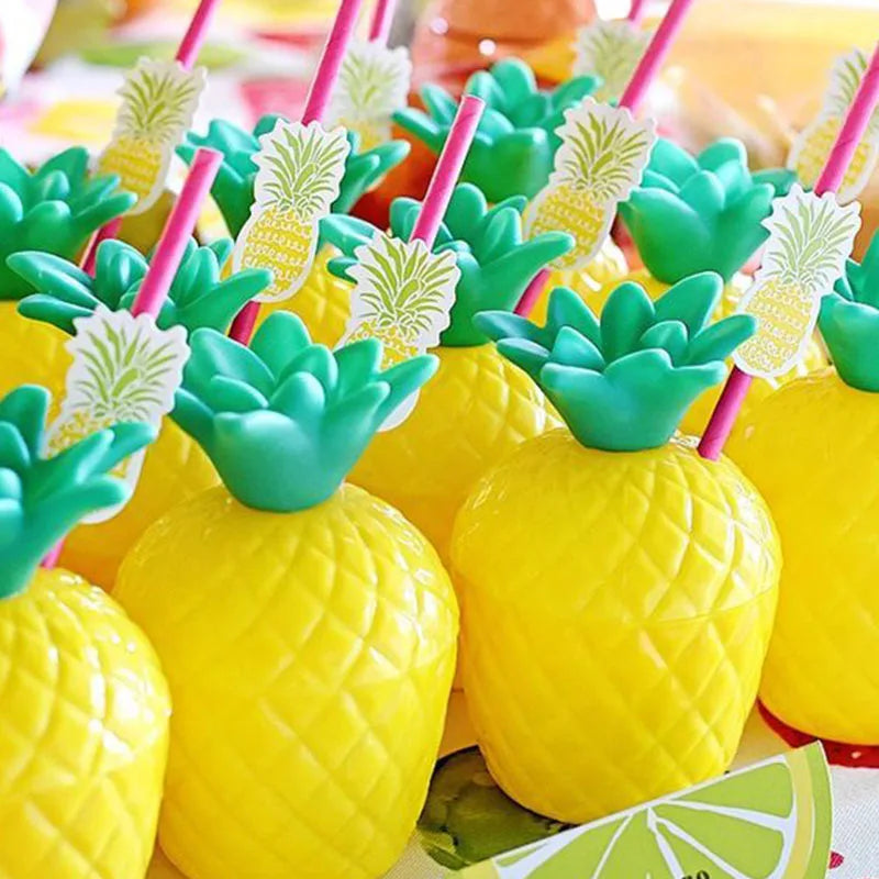 6/10pcs Hawaiian Summer Pineapple Coconut Drinking Cups Strawberry Shaped Juice Drink Cups for Birthday Wedding Beach Pool Party