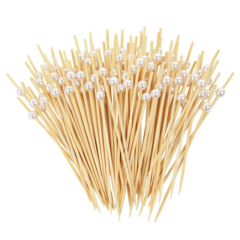 100pcs Wedding Party Pearl Disposable Skewers Food Fruit Picks Bamboo Cocktail Buffet Cake Toothpick Wedding Birthday Supplies
