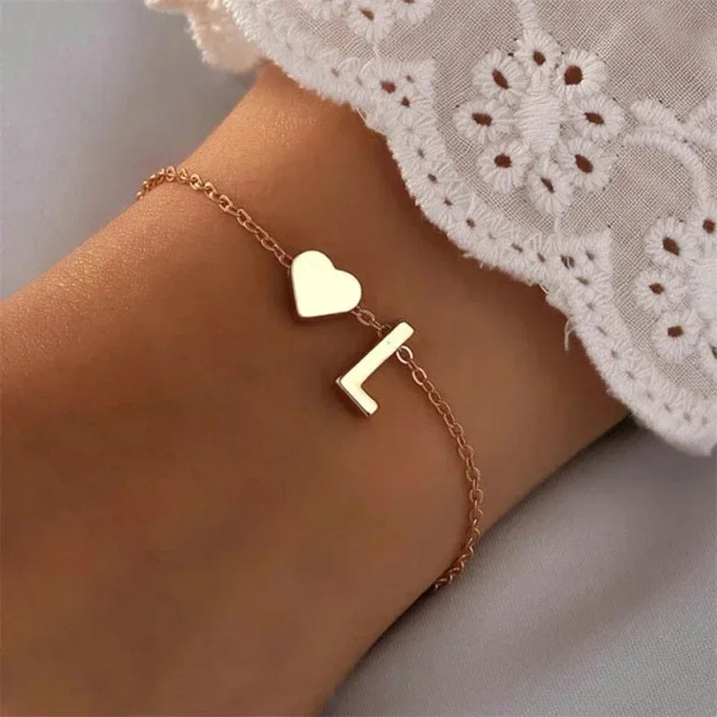 26 English Initial Letter Bracelets for Lovers Women Men DIY Personalized Name Alloy Heart-shaped Bracelets Jewelry Anniversary